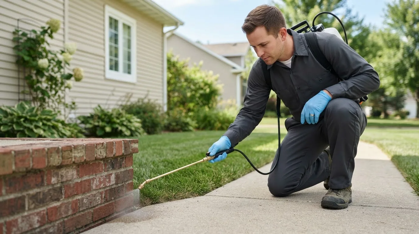 Pest control technician treating a home near Jacksontown, OH