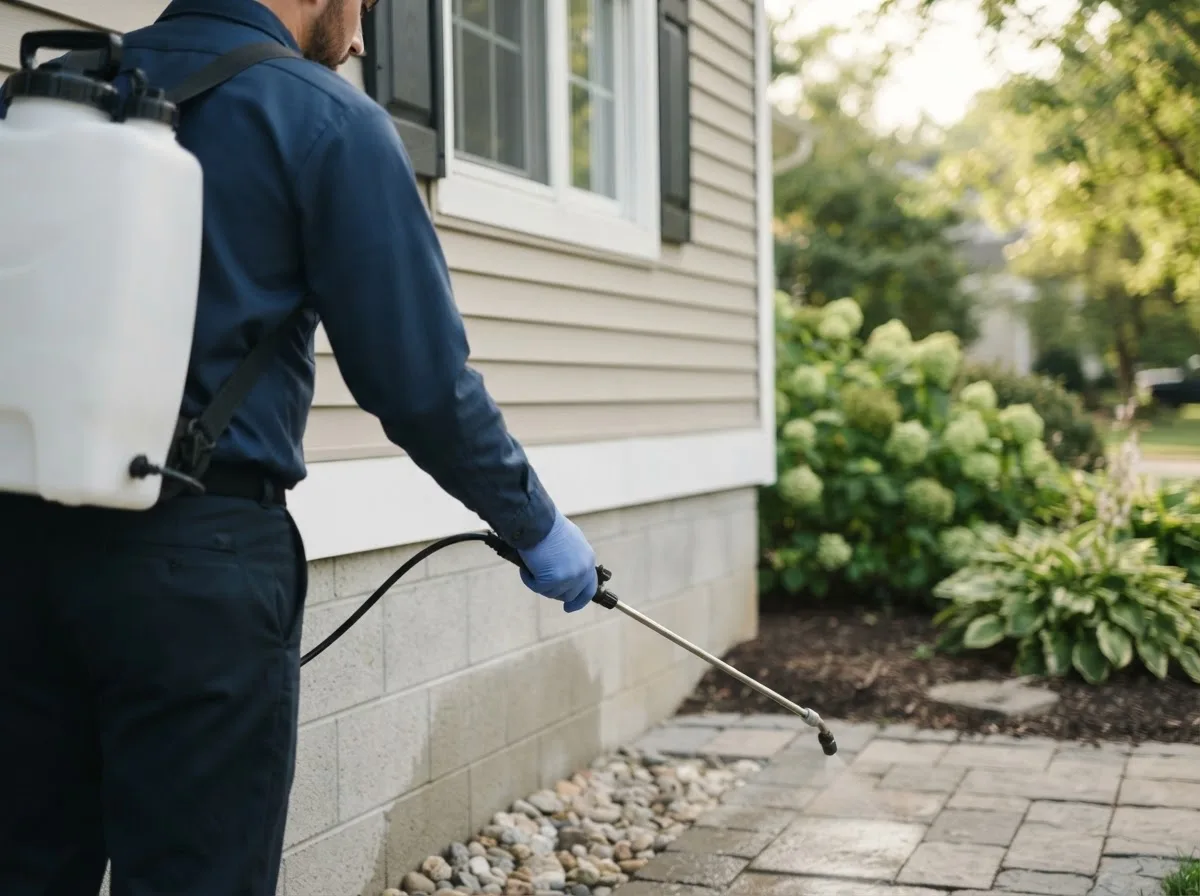 Pest control technician inspecting a home in Jacksontown, OH